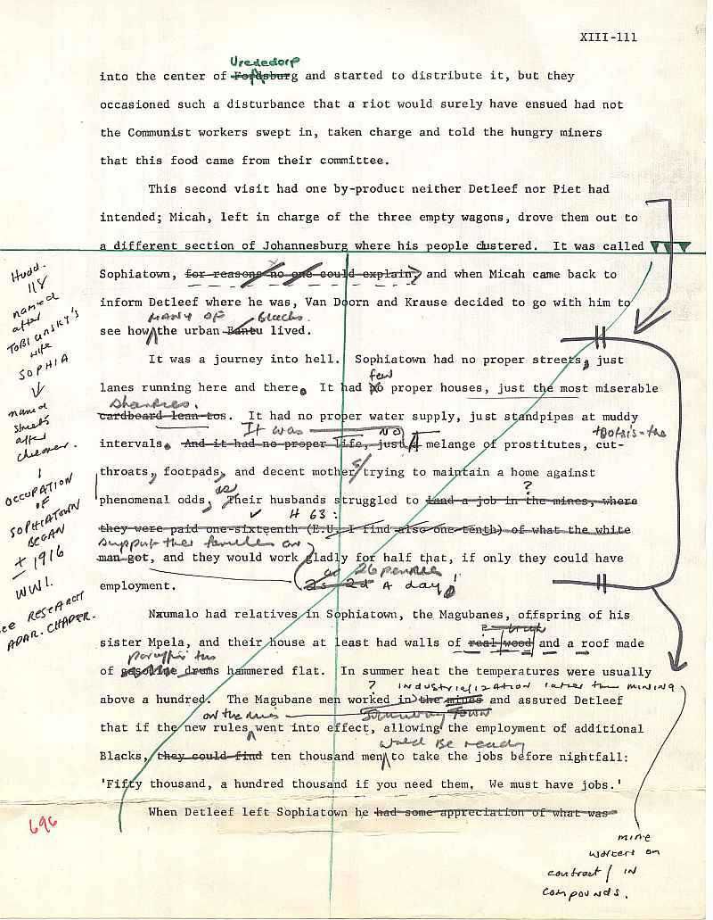 Michener's original draft for a story about Sophiatown, Johannesburg, from The Covenant manuscript 1