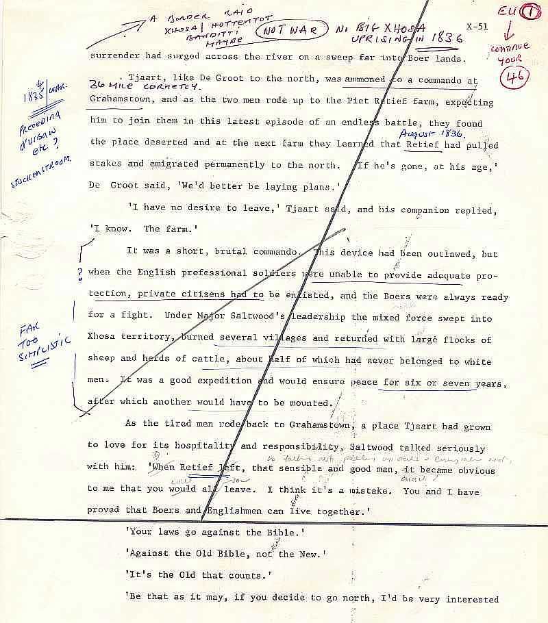 Michener, The Covenant - Draft page from The Voortrekkers 1