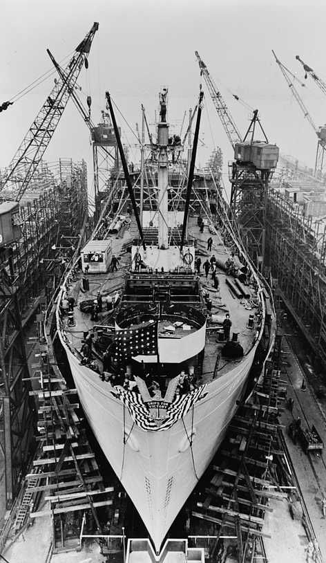 Bethlehem Fairfield shipyards, near Baltimore, Maryland. Construction of a Liberty ship. On the twenty-fourth day the ship is ready for launching. 
