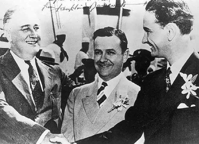 President Roosevelt, Governor James Allred of Texas, and Lyndon Johnson, 1937 via Wikipedia.